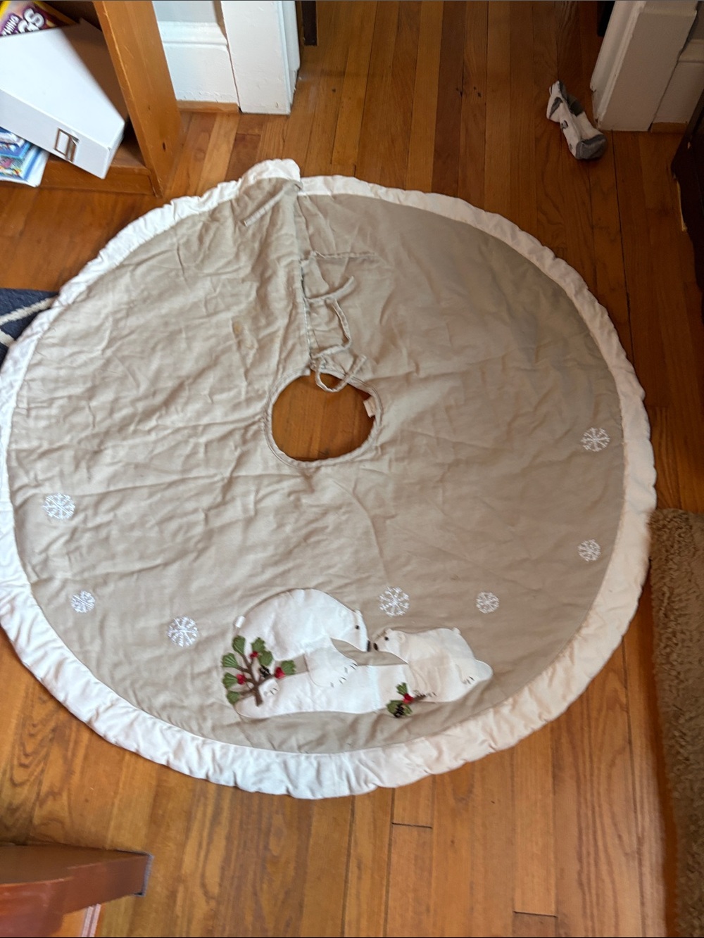 Pottery Barn Kids  Beige and White Holiday Tree Skirt with Polar Bear Embroidery